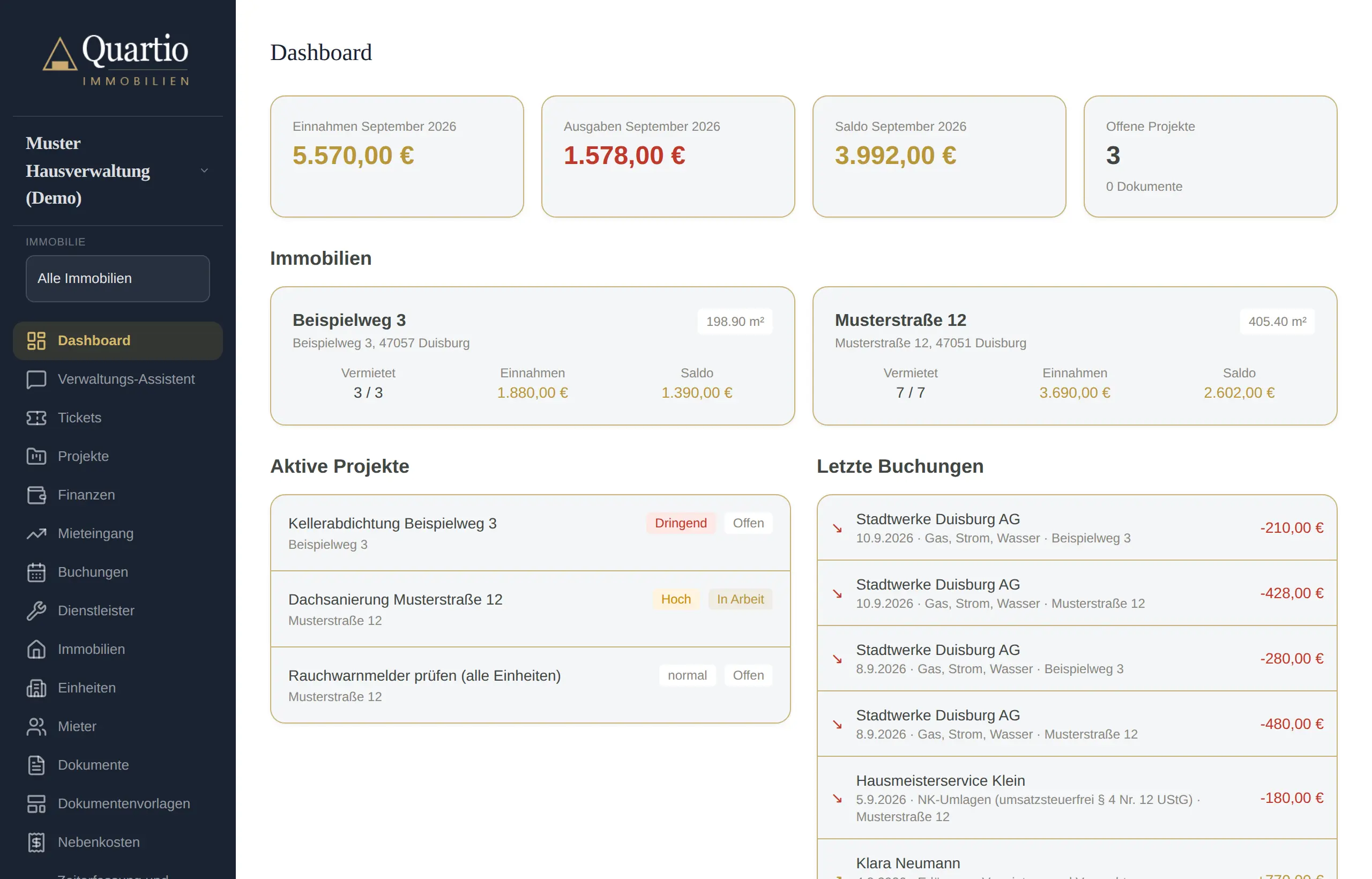 Quartio Dashboard mit Objektübersicht, offenen Mieten und aktuellen Buchungen einer Demo-Organisation