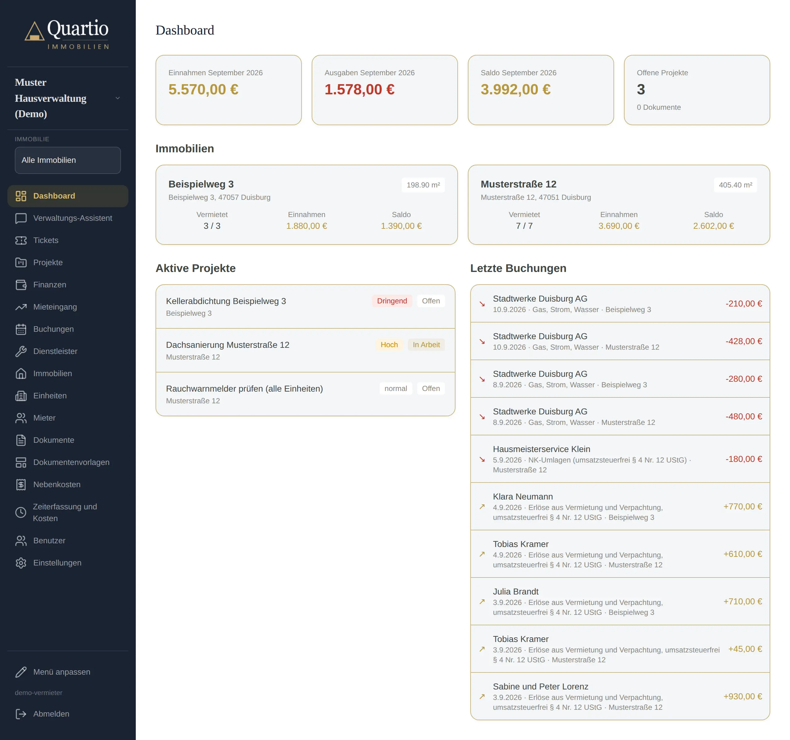 Quartio Dashboard mit Objektübersicht, offenen Mieten und aktuellen Buchungen einer Demo-Organisation